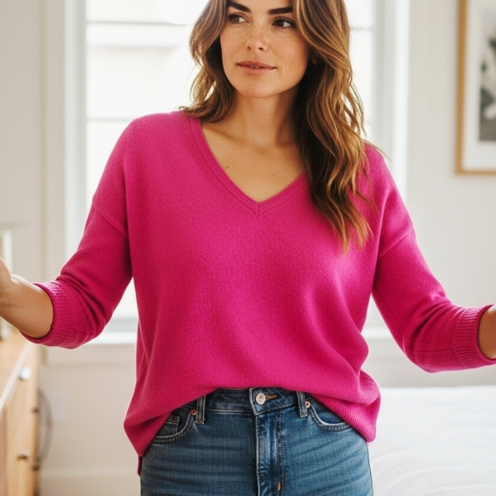 PECK & PECK 100% Cashmere V-Neck Sweater | Hot Pink. Size Medium
